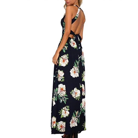 Navy Blue Bohemian High Front Slit Open Back Maxi - Picture 2 of 3